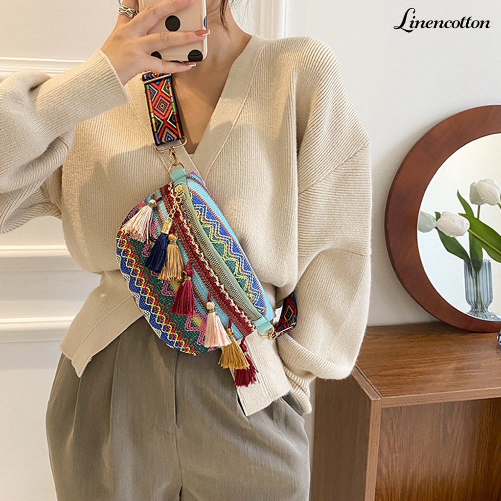 Túi Đeo Chéo Ngực Khóa Kéo Phối Tua Rua Phong Cách Bohemian