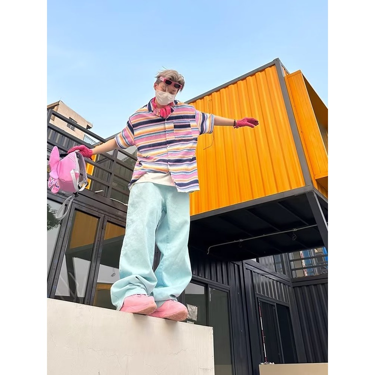 Áo Sơ Mi Ngắn Tay Họa Tiết Sọc Cầu Vồng Thời Trang Dành Cho Nam Và Nữ