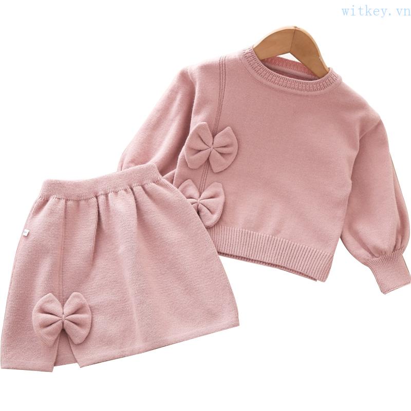 Bộ Áo Sweater Dệt Kim Giữ Ấm Đính Nơ Phối Chân Váy Dễ Thương Thời Trang Thu Đông Cho Bé Gái