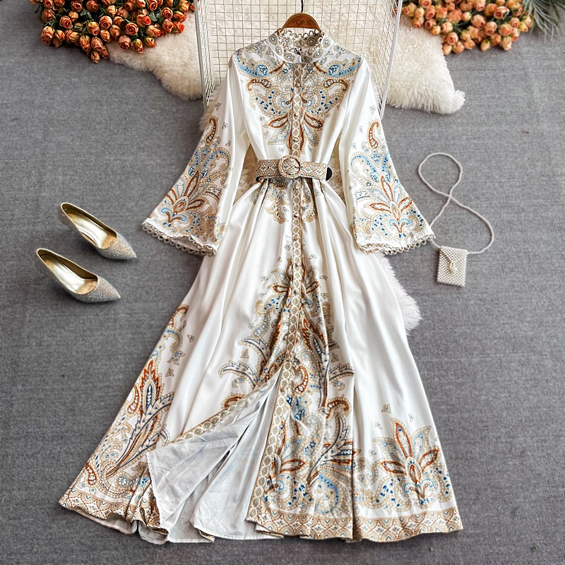 Đầm Tay Loe Dài Cổ Đứng Eo Cao In Họa Tiết Vintage Thanh Lịch Thời Trang Xuân Thu Cho Nữ