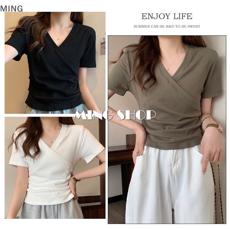 Áo Thun Tay Ngắn Cổ Chữ V Màu Sắc Thời Trang Dành Cho Nữ