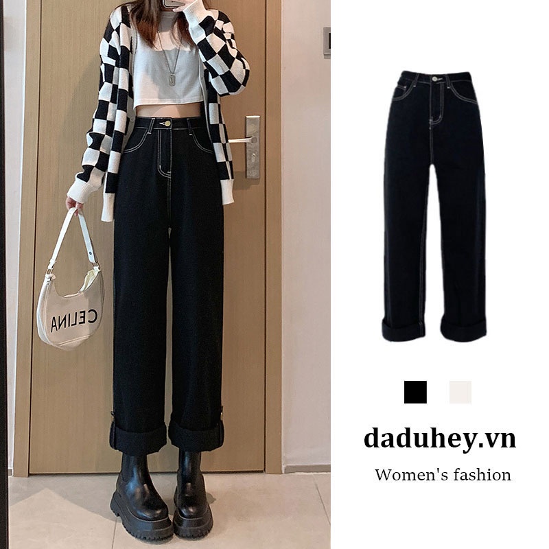 Daduhey Quần Jeans Nữ Suông Lưng Cao Thời Trang Hàn Quốc Cá Tính