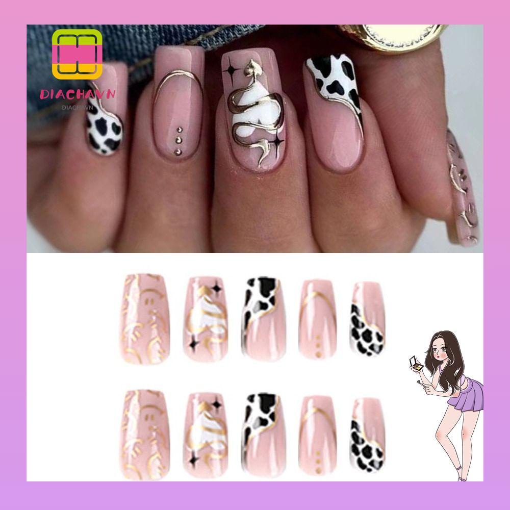 Bộ 24 Móng Tay Giả Tự Trang Trí Nghệ Thuật|Vòng Đeo Tay Kiểu Pháp Họa Tiết Da Rắn Cá Tính