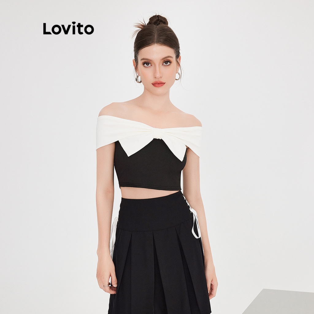 Áo không tay Lovito ghép nối màu sắc phối nơ màu trơn dễ thương cho nữ L51ED068 (Màu trắng và đen)