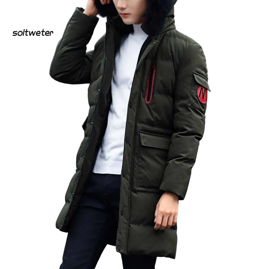 Áo Khoác Phao Có Nón Tay Dài Màu Trơn Phối Lông Giả Màu Sắc Thời Trang Đường Phố Mùa Đông Cho Nam