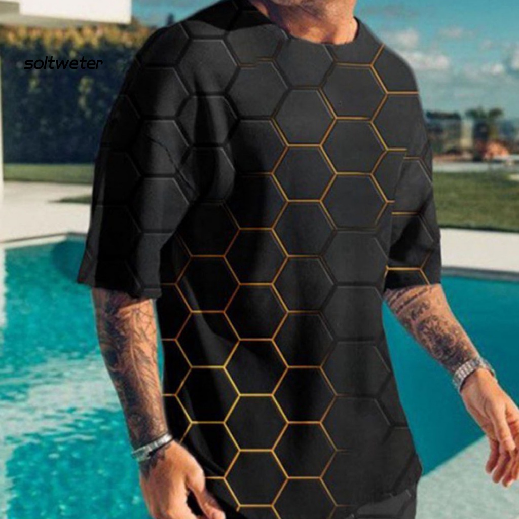 Bộ Trang Phục Thể Thao 2 Mảnh Gồm Áo Thun Tay Ngắn Cổ Tròn + Quần Short Lưng Thun In Họa Tiết 3D Thời Trang Cho Nam