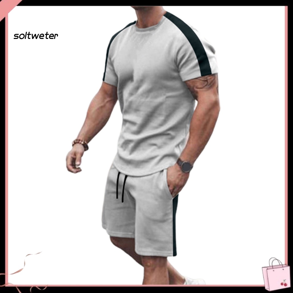 Bộ Đồ Thể Thao 2 Món Áo Thun Cổ Tròn Phối Quần Short Lưng Thun Màu Sắc Tương Phản Thời Trang Mùa Hè Cho Nam