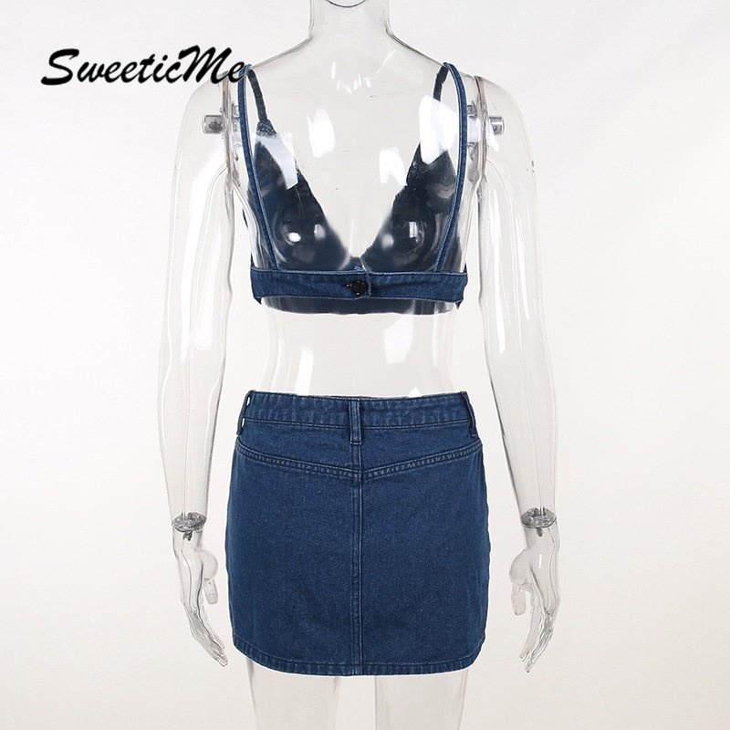 Set Áo Cổ Chữ V Không Tay + Chân váy jean Ngắn Lưng Thấp Màu Trơn Thời Trang Mới 2023 Cho Nữ