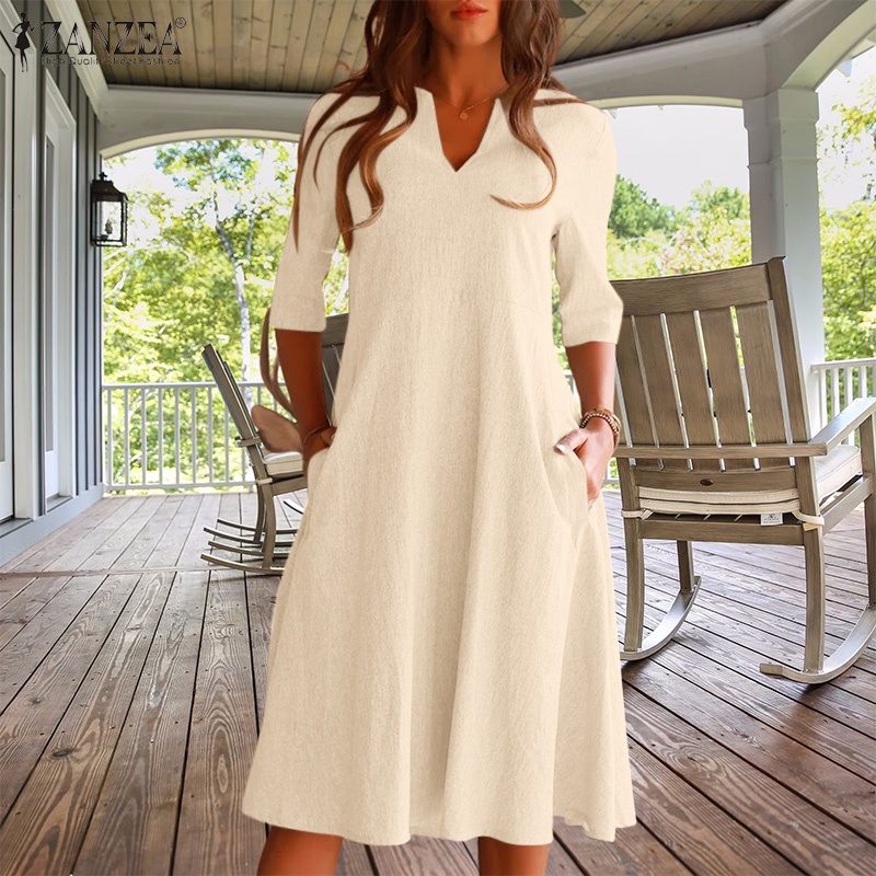 Zanzea Đầm Midi Tay Lửng Cổ Chữ V Phong Cách Vintage Nữ Tính