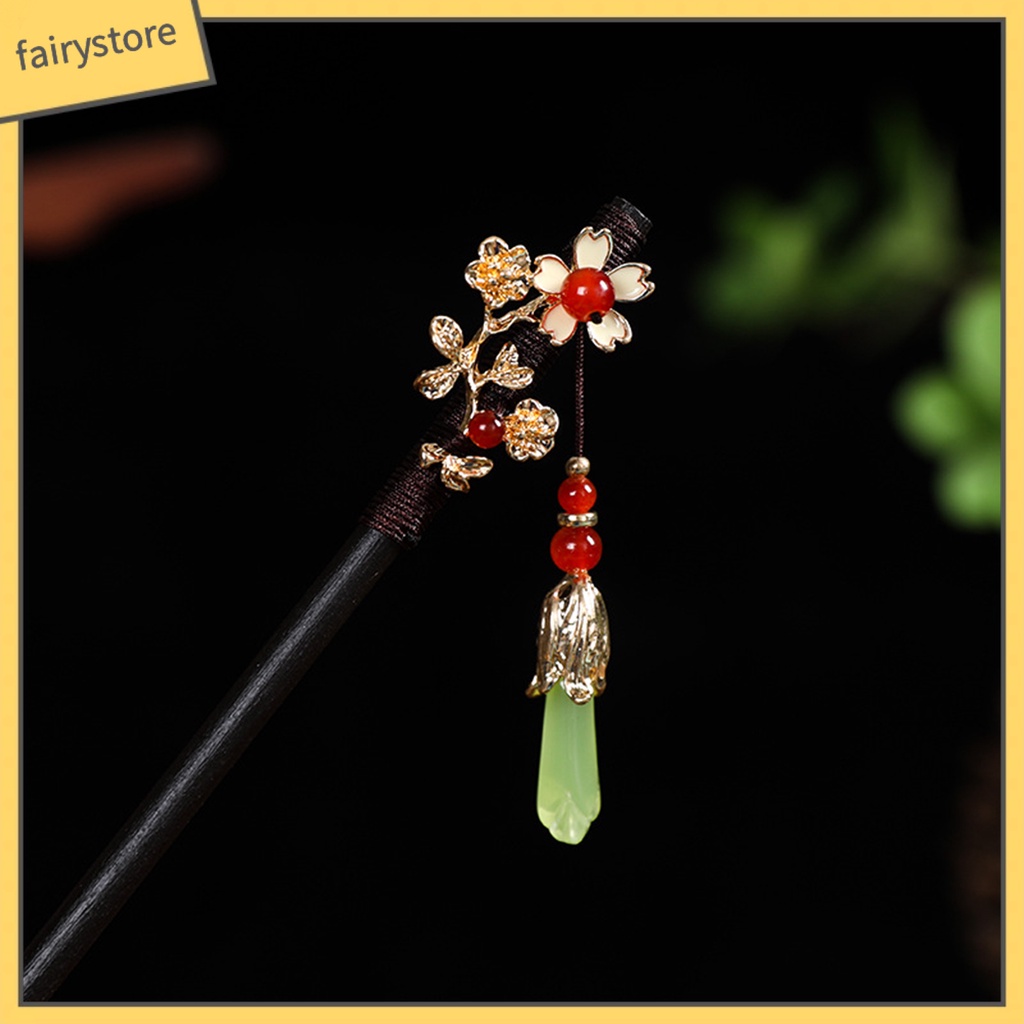 Trâm Cài Tóc Bằng Gỗ Hình Hoa Đính Hạt Phối Tua Rua Phong Cách Trung Hoa Cổ Điển Cho Nữ