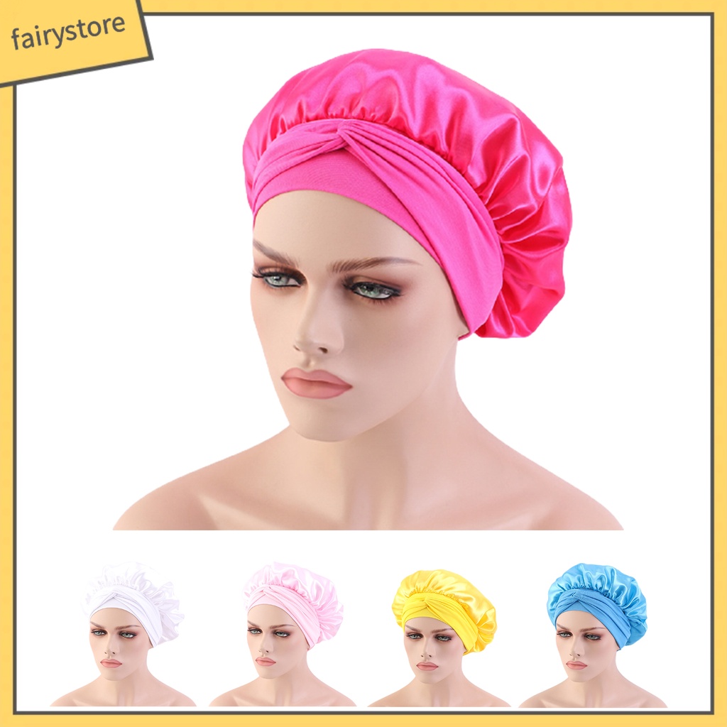 Mũ Trùm Đầu Bằng Lụa Satin Co Giãn Màu Trơn Phối Ren Chăm Sóc Tóc Khi Ngủ Cho Nữ