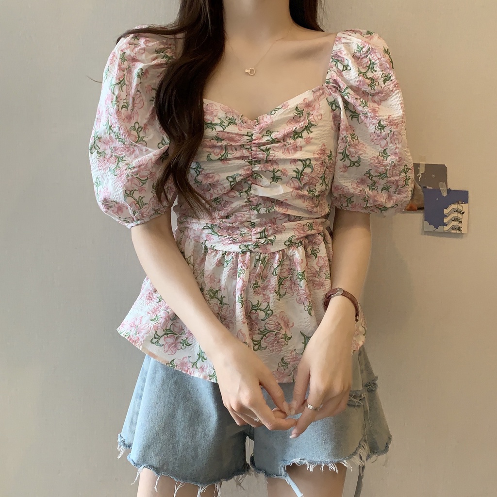 SUXI Áo Kiểu Cổ Vuông Tay Phồng Xếp Ly Dáng Ôm In Họa Tiết Thời Trang Mùa Hè Xinh Xắn Cho Nữ