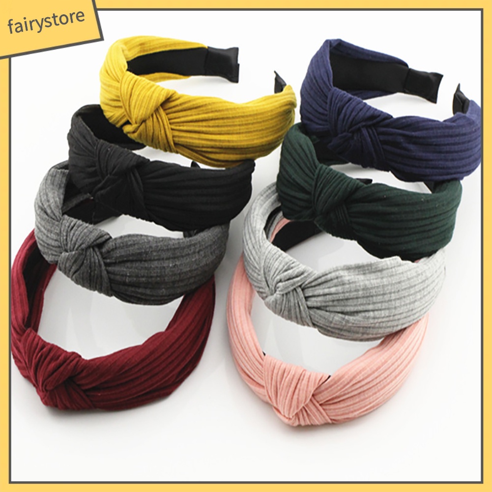 Băng Đô Cài Tóc Bản Rộng Thắt Nút Họa Tiết Kẻ Sọc Màu Trơn Thời Trang Cho Nữ