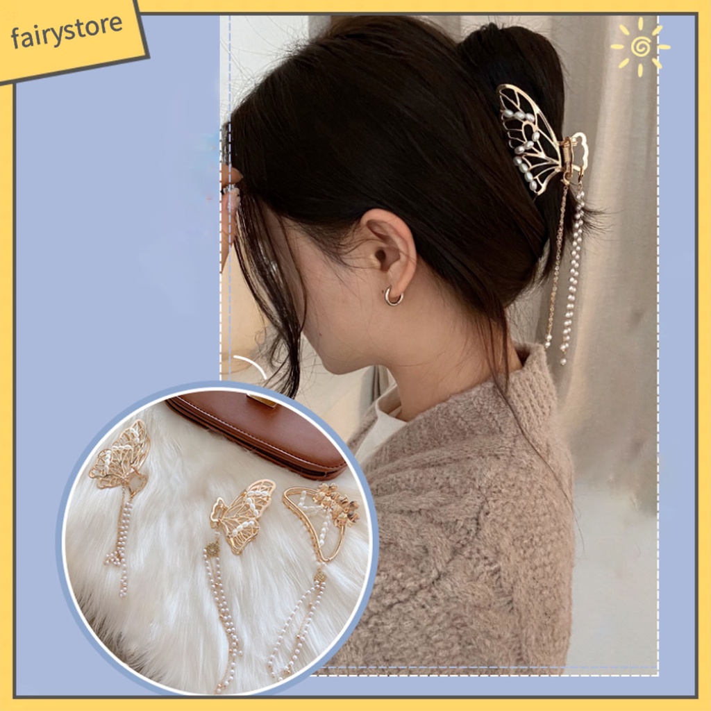Kẹp Tóc Hình Bướm Đính Ngọc Trai Giả Co Giãn Dành Cho Nữ