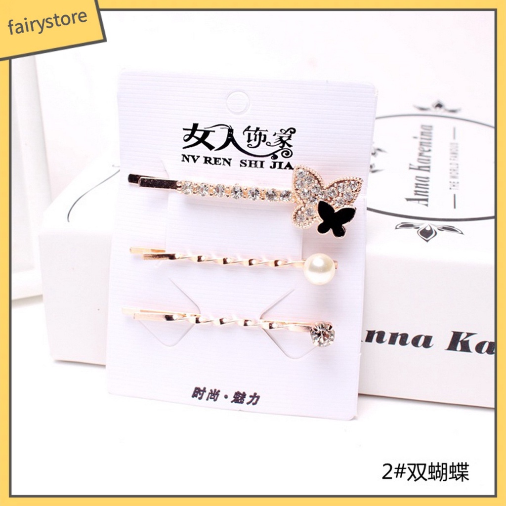 Bộ 3 Kẹp Tóc Đính Đá Họa Tiết Trái Tim / Hình Vuông Thời Trang