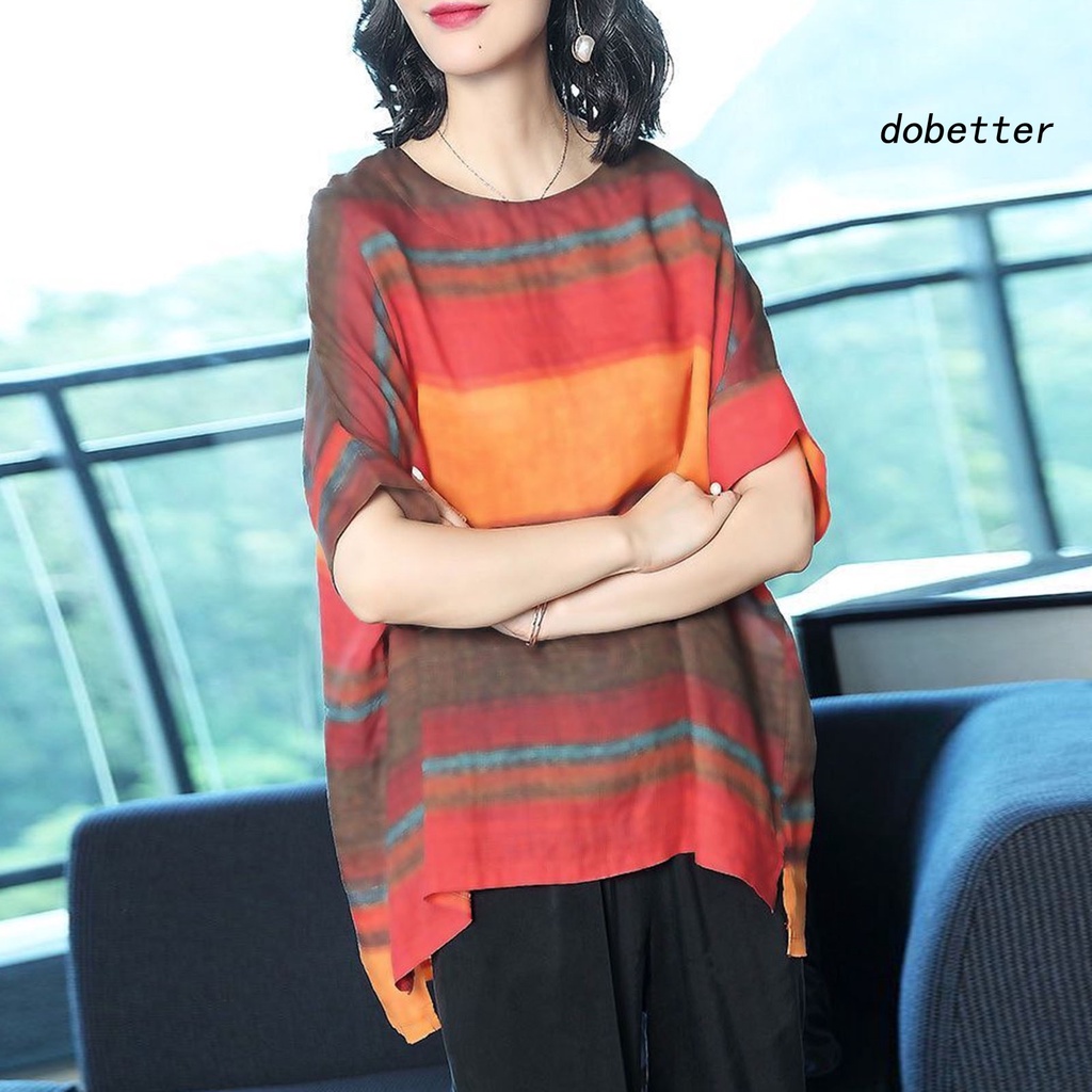 Áo Thun Tay Ngắn Cổ Tròn Dáng Rộng Họa Tiết Kẻ Sọc Màu Khối Thời Trang Mùa Hè Xinh Xắn Cho Nữ