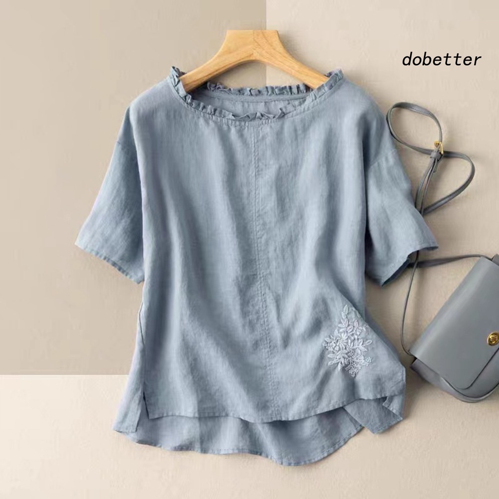 Áo Thun Ngắn Tay Cổ Tròn Thêu Hoa Màu Trơn Thời Trang Mùa Hè Cho Nữ