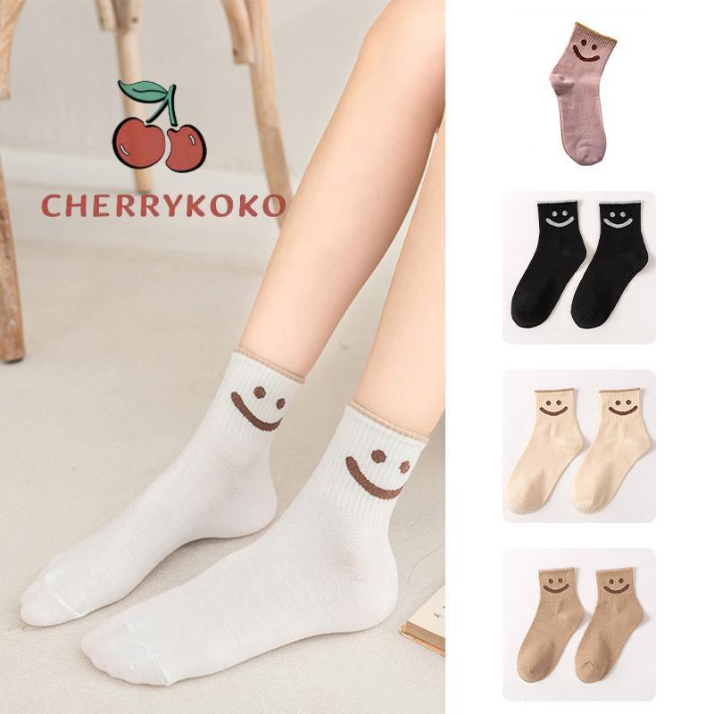 🍒🍒CHERRYKOKO Đôi Tất Cotton Dày Hoạ Tiết Mặt Cười Xinh Xắn Cho Nữ