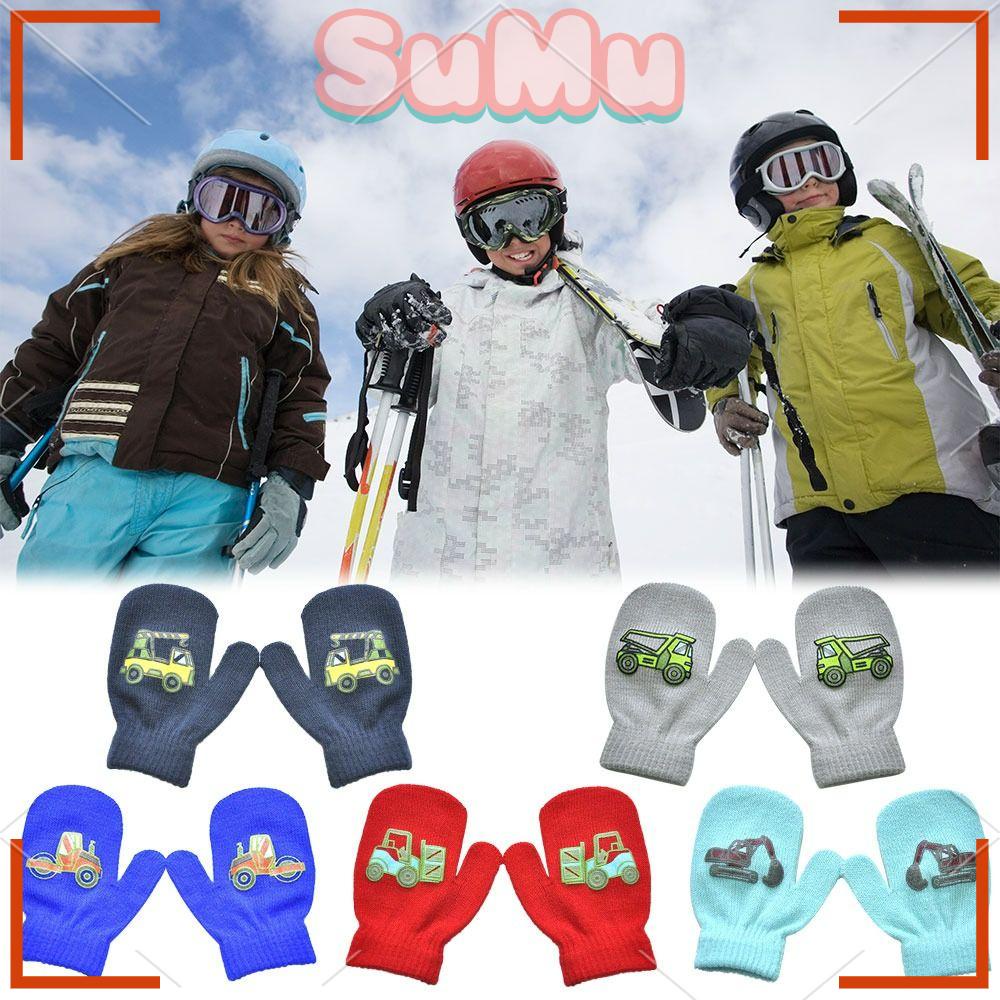 Set 2 Đôi Găng Tay Dệt Kim Dày Dặn Họa Tiết Xe Công Trường Cho Bé