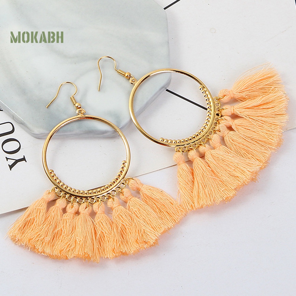 Bông Tai Móc Hình Tròn Lớn Phối Tua Rua Phong Cách Vintage Thời Trang Cho Nữ