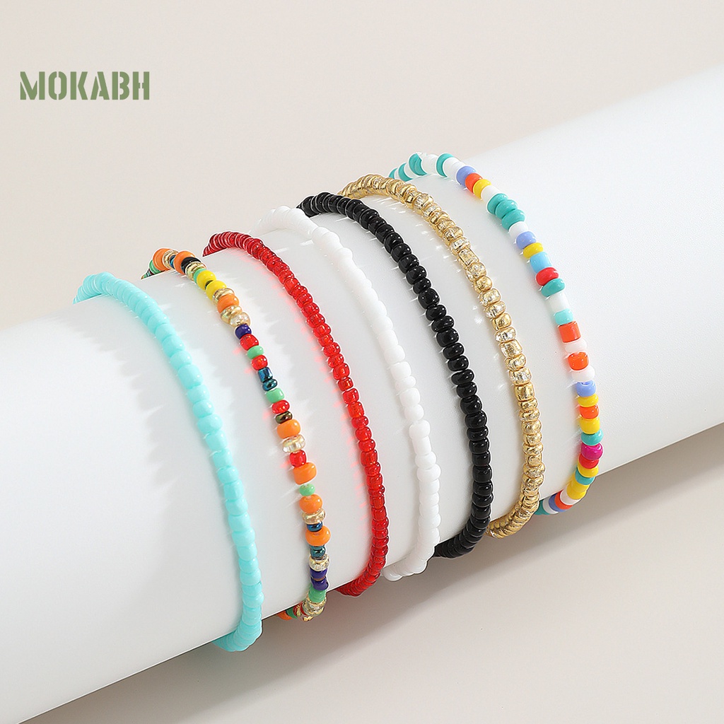 [Mok Abh] Set 7 Vòng Tay Chuỗi Hạt Nhiều Màu Sắc Tương Phản Co Giãn Dành Cho Nữ Đi Biển