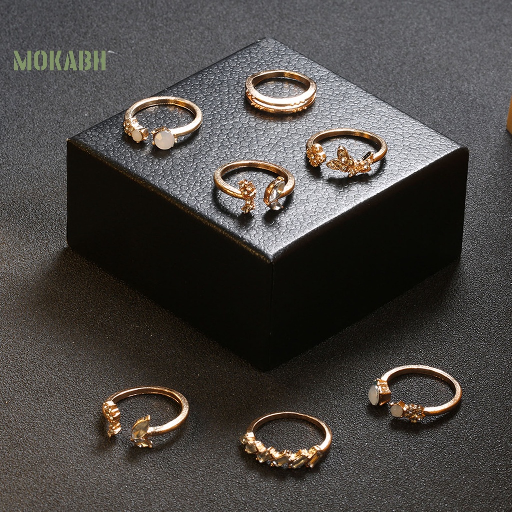 [Mok Abh] Bộ 7 Nhẫn Đeo Đốt Ngón Tay Họa Tiết Hình Hoa Và Bướm Đính Đá Lấp Lánh