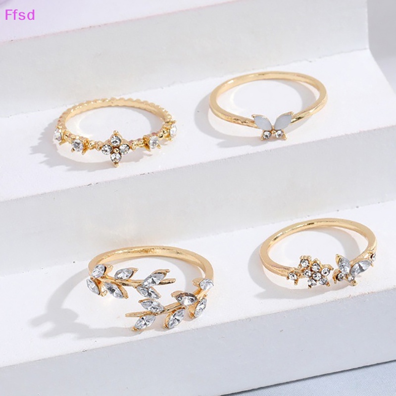 {Ffsd} Bộ 4 Nhẫn Hình Hoa Lá Xoắn Đính Kim Cương Giả Thời Trang Hàn Quốc Làm Quà Tặng Trang Sức Cho Nữ