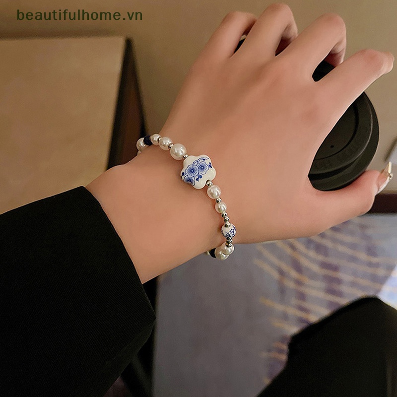 [beautifulhome] Vòng Tay Hoa Sứ Trắng Xanh Trung Quốc Thời Trang Phụ Kiện Trang Sức [beauty]