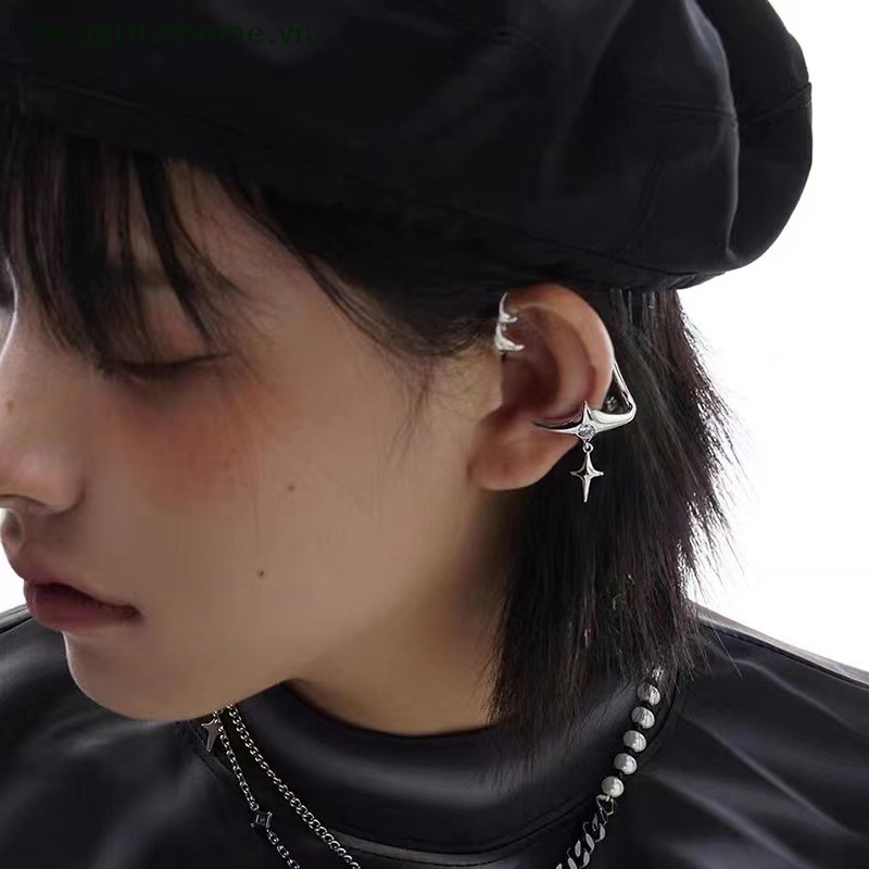 1 Đôi Bông Tai Kẹp Hình Ngôi Sao Màu Bạc Đính Đá Zircon Không Đối Xứng Phong Cách Gothic Thời Trang Cho Nữ