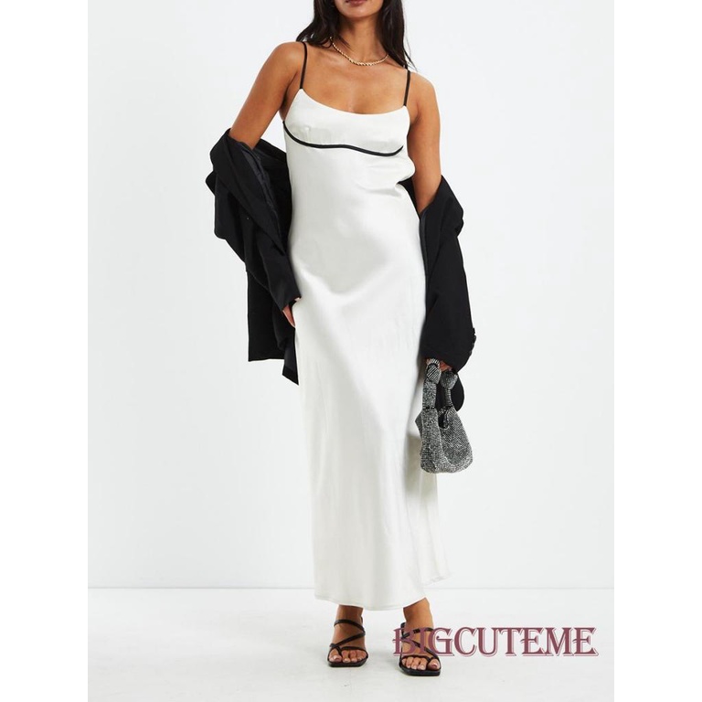 [] - Đầm Dài Satin Không Tay Hở Lưng Buộc Dây Màu Sắc Tương Phản Dự Tiệc Dành Cho Nữ