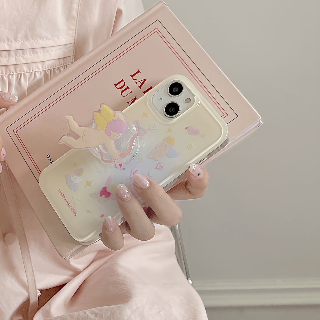 Ốp Điện Thoại Imd Trong Suốt Viền Thẳng In Hoạt Hình Thiên Thần Kèm Giá Đỡ Cho iPhone 14 13 12 11 PRO MAX