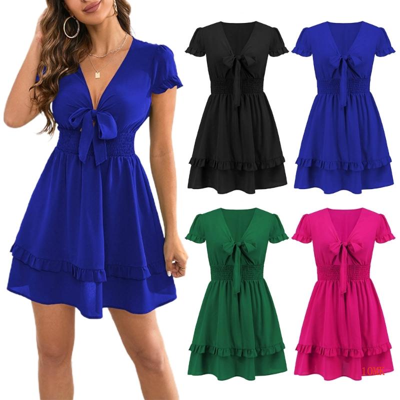 Xiangbao Đầm Xòe Mini Tay Ngắn Cổ Chữ V Thắt Nơ Eo Cao