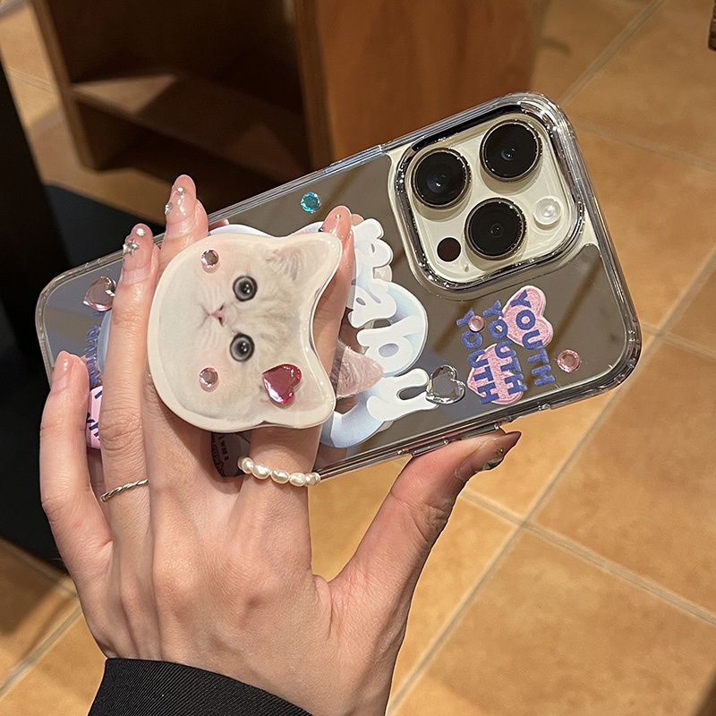 Ốp Điện Thoại Mềm Chống Sốc Tráng Gương In Hình Mèo Hoạt Hình Dễ Thương Có Giá Đỡ Cho iPhone 14 13 12 11 Pro Max 14 Plus