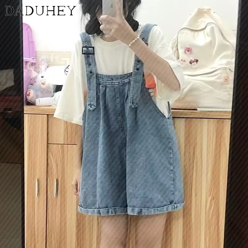 Quần short yếm DADUHEY ống rộng thoải mái cạp cao vải mỏng dễ thương thời trang thường ngày phong cách Hàn Quốc