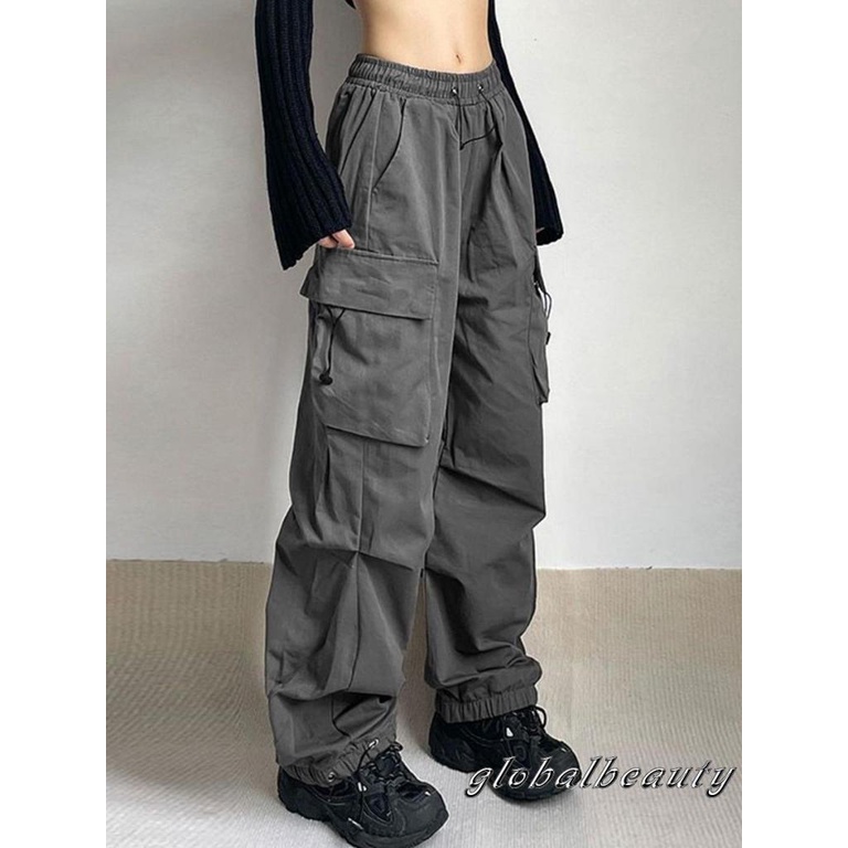 Quần Dài Dáng Rộng Màu Trơn Lưng Thun Phối Túi Thời Trang Đường Phố Cho Nữ