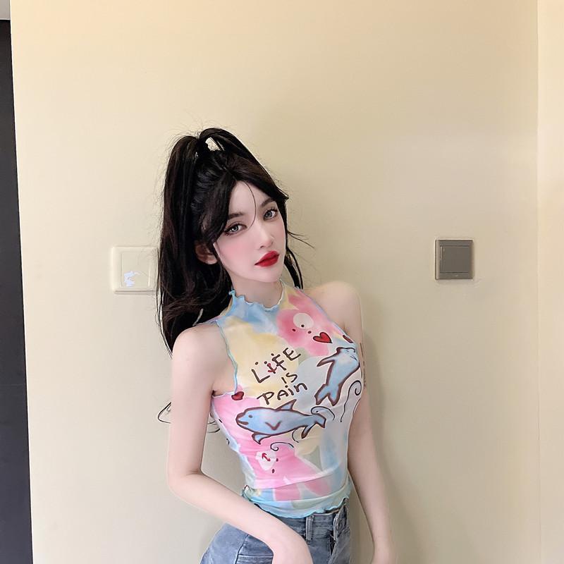 Áo Thun Không Tay Dáng Ôm Họa Tiết Hoạt Hình Nhiều Màu Sắc