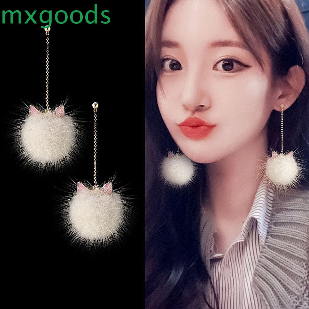 Khuyên Tai Dáng Dài Hình Tai Mèo Phối Lông Phong Cách Hàn Quốc Xinh Xắn