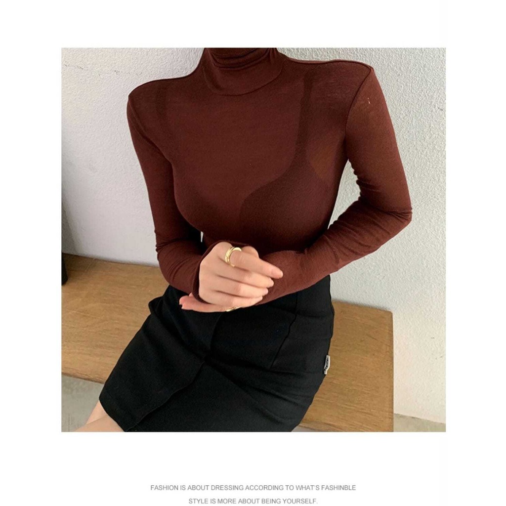 Áo Thun Tay Dài Cổ Cao Dáng Ôm Thời Trang Mùa Xuân Cho Nữ