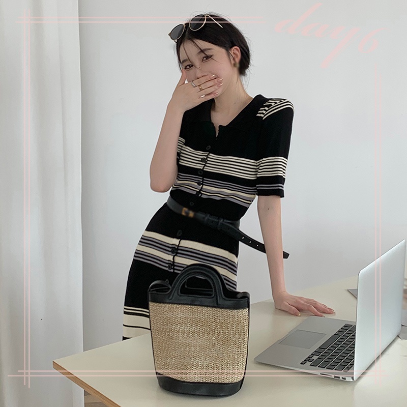 Đầm Dệt Kim Tay Ngắn Cổ Chữ V Họa Tiết Kẻ Sọc Thời Trang Hàn Quốc Xinh Xắn Cho Nữ