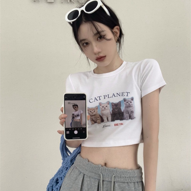 Áo Thun Tay Ngắn Dáng Ôm In Họa Tiết Mèo Thời Trang Mùa Hè Xinh Xắn Cho Nữ