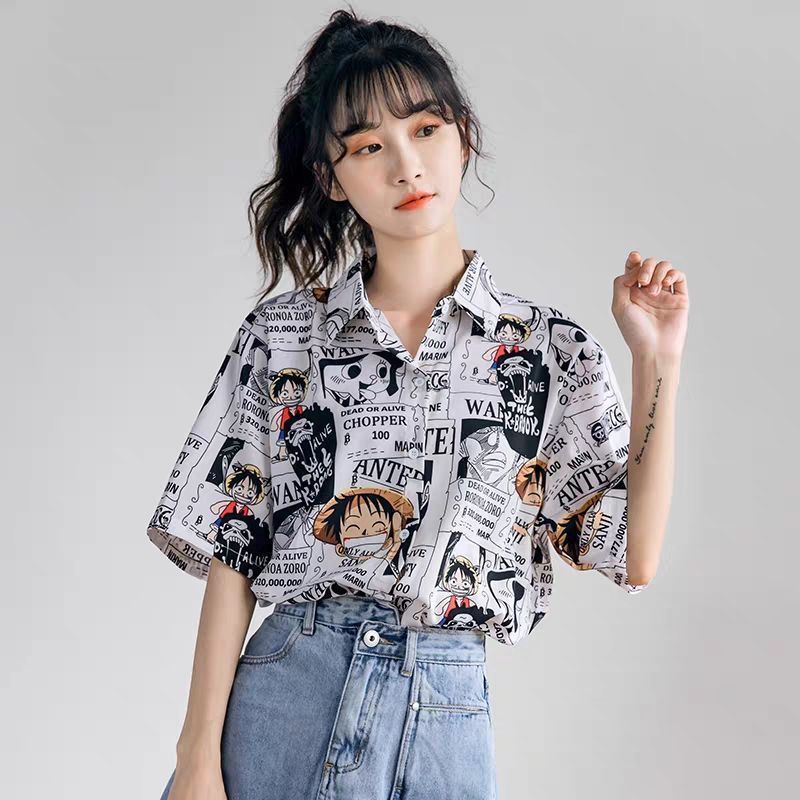 Áo Sơ Mi Mỏng Tay Ngắn Dáng Rộng In Hoạt Hình One Piece Phong Cách Nhật Bản Thời Trang Cho Nữ