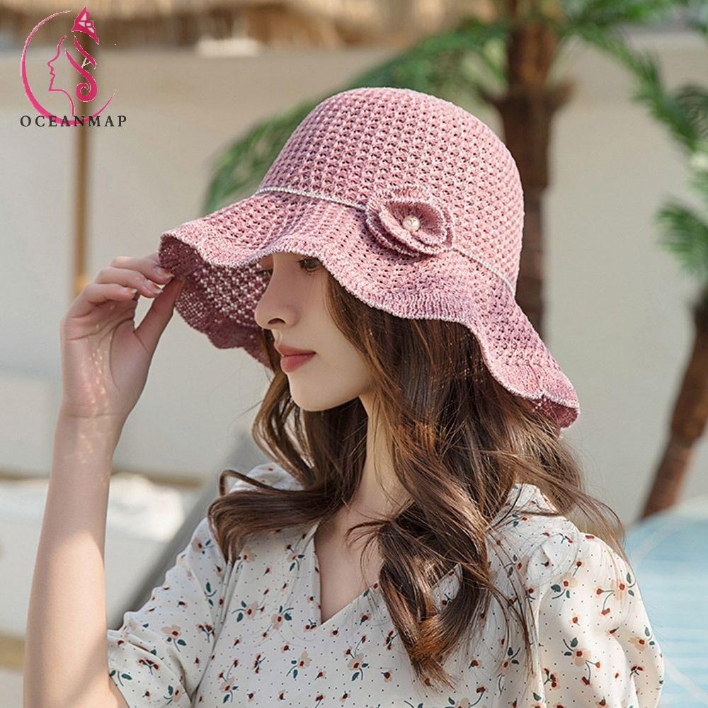 OCEANMAP Nón Tai Bèo Đan Len Họa Tiết Hoa Viền Gợn Sóng Thời Trang Đi Biển Cho Nữ