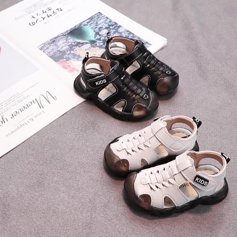 Dép tập đi cho bé, Sandal rọ bé trai bé gái quai dán chất da PU thoáng khí bảo vệ mũi chân chống vấp cho bé T12