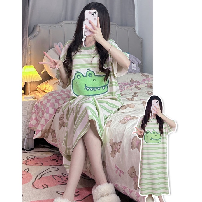 Đồ ngủ Chất Liệu Cotton Mỏng Tay Ngắn Họa Tiết Kẻ Sọc Dễ Thương Thời Trang Mùa Hè Cho Nữ