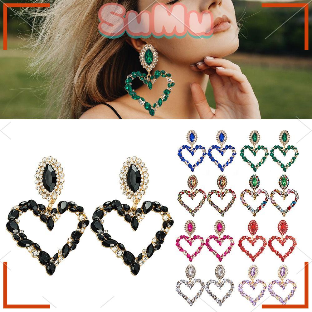 Bông Tai Hình Trái Tim Lớn Phong Cách Bohemian|Bông Tai Dáng Dài Đính Đá Lấp Lánh Thời Trang