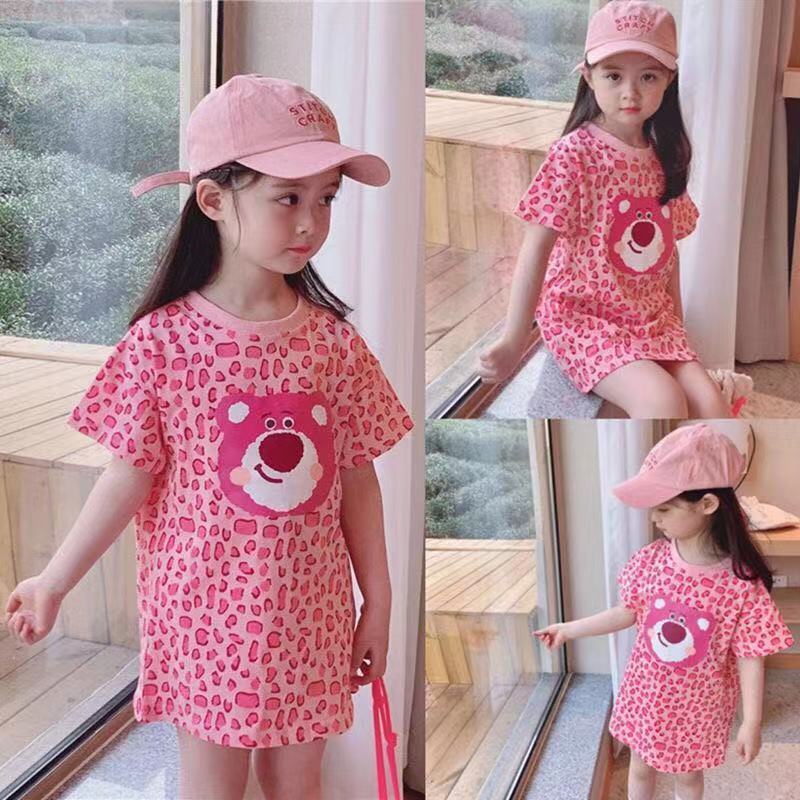 Đầm Thun Tay Ngắn Họa Tiết Báo Hồng / Dâu Tây Dễ Thương Cho Bé Gái 80-140cm