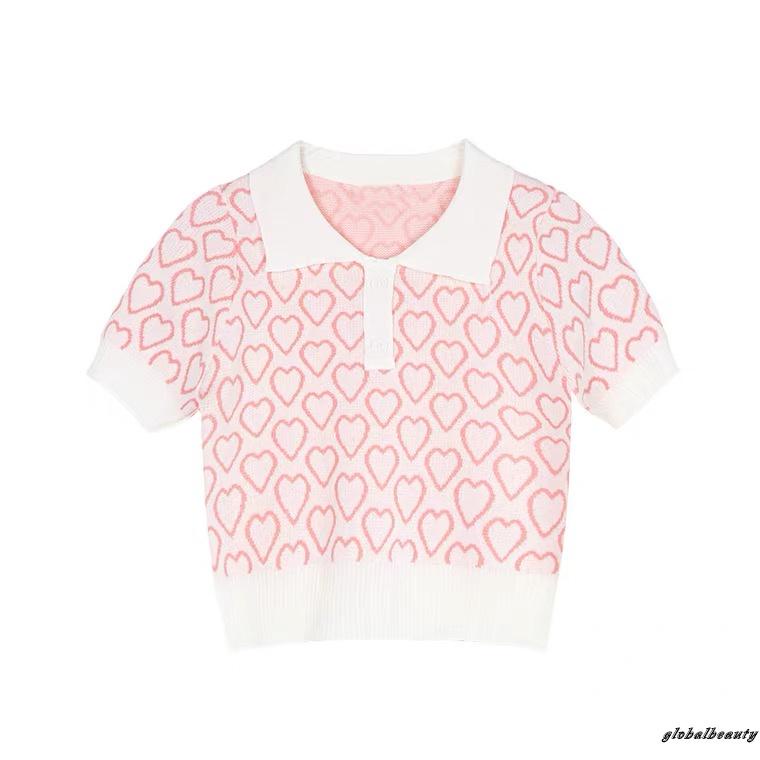 Áo Thun Crop Top Tay Ngắn 1 / 3 Nút Họa Tiết Trái Tim Đơn Giản Dành Cho Nữ