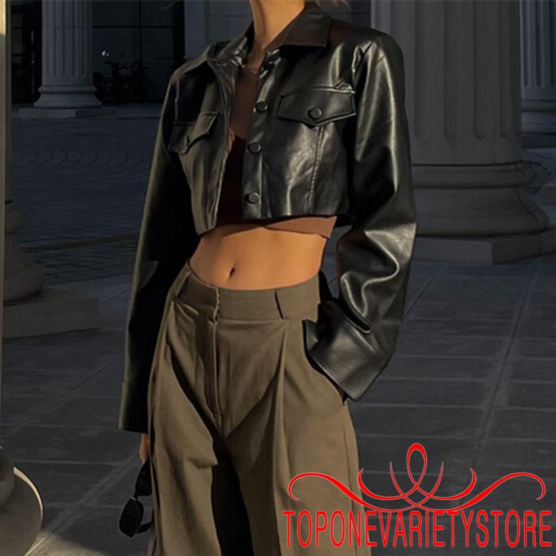 Áo Khoác Da Croptop Tay Dài Màu Trơn Cài Nút Thời Trang Cho Nữ