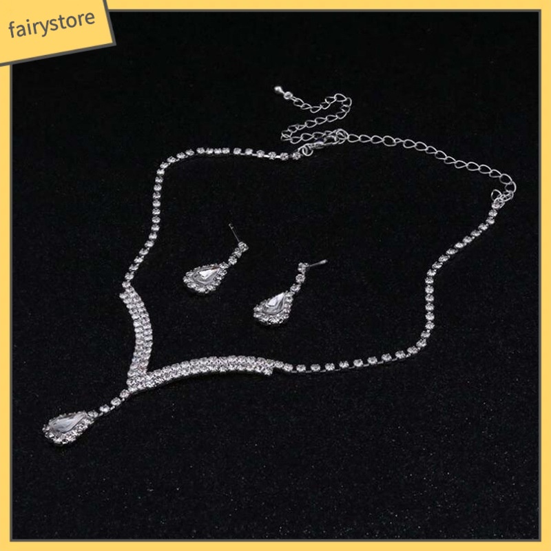 Bộ Trang Sức Vòng cổ / Bông Tai Đính Kim Cương Giả Màu Bạc Sang Trọng Cho Nữ