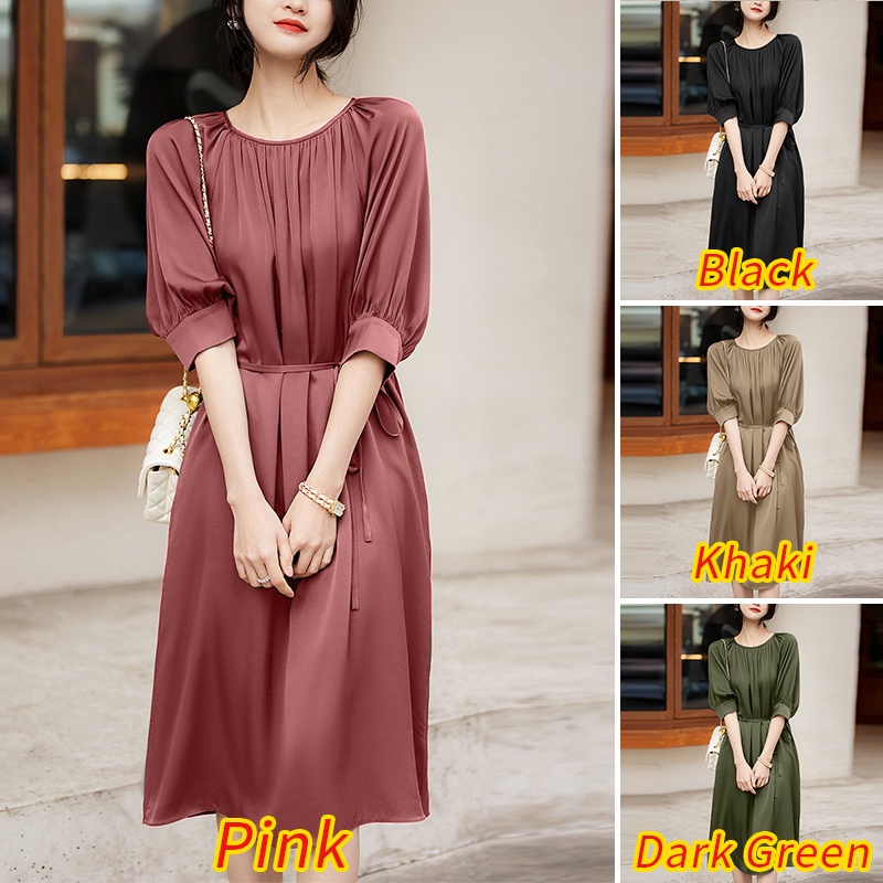 Zanzea Đầm Midi Tay Lửng Cổ Tròn Phong Cách Hàn Quốc Thanh Lịch Dành Cho Nữ